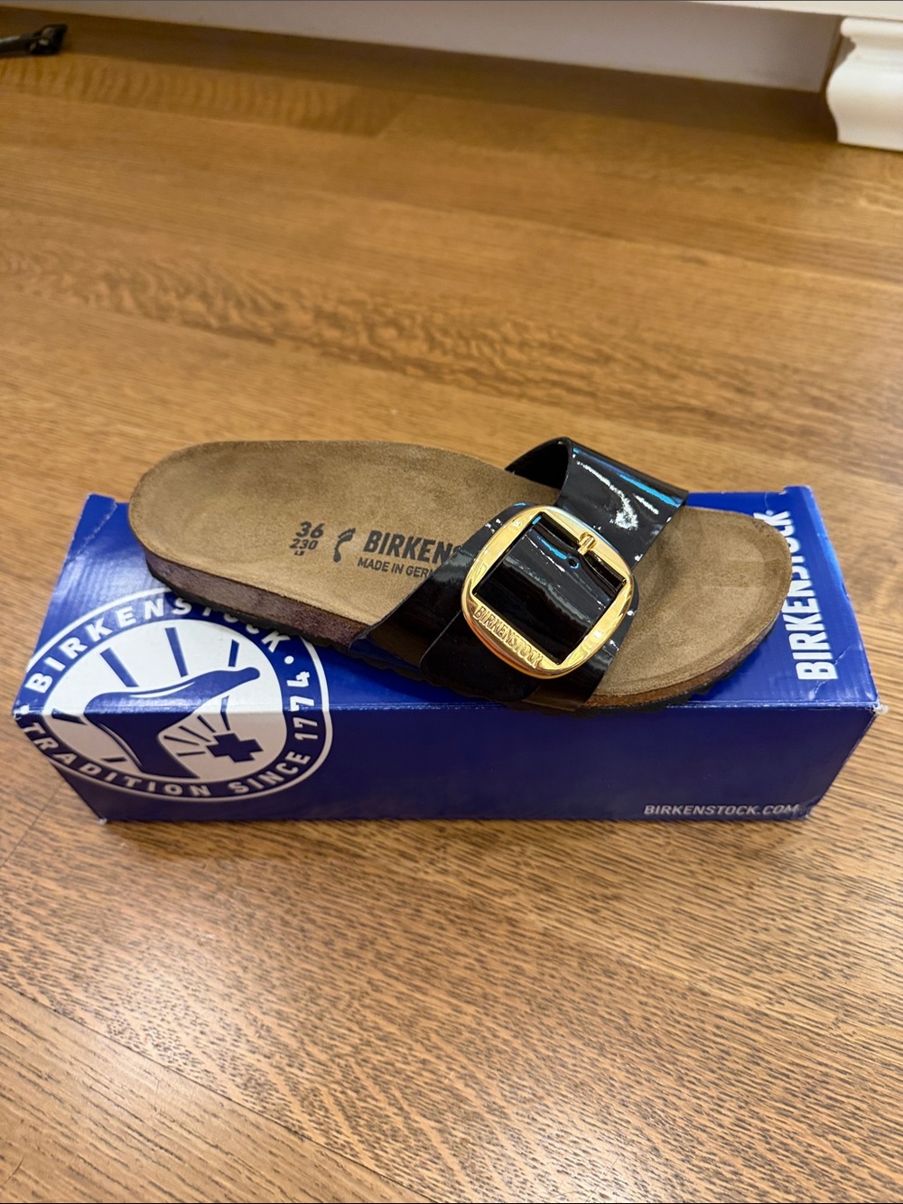 Birkenstock Black Patent Madrid Slide with Gold Buckle